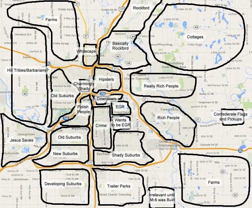 Humorous map of the Grand Rapids area, with neighborhoods labelled things like "Jesus Saves" and "Cottages"