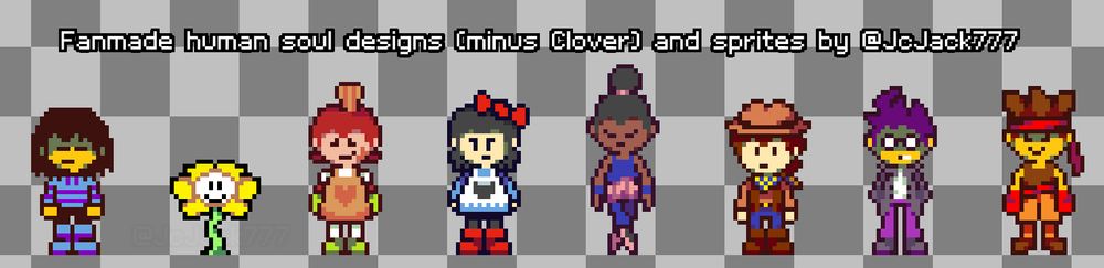 My own fanmade designs and sprites for the human souls from Undertale (minus Clover, who is from Undertale Yellow)