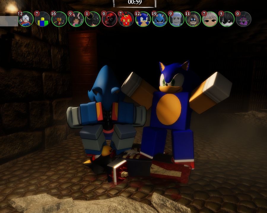 a Pillar Chase 2 screenshot featuring avatars of Sonic and Metal Sonic standing over the corpse of Shadow the hedgehog