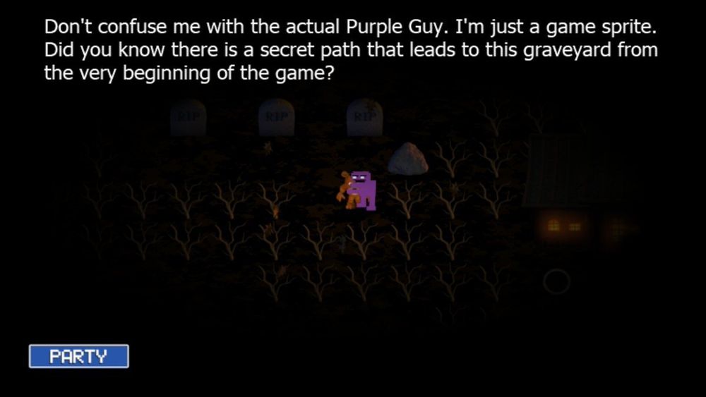 A screenshot from FNaF World of Purpleguy explaining that he is not the actual Purple Guy, but just a pixelated game sprite.