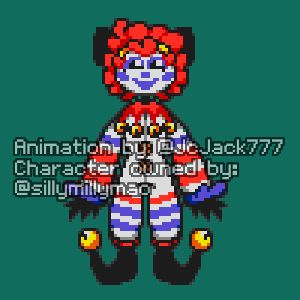 This is meant to be a gif but Bluesky has no gif support right now so this is a still image from said animated gif of SillyMillyMao's character "Buttons" made in the style of UhYeah's cancelled FNaF-inspired game New Management