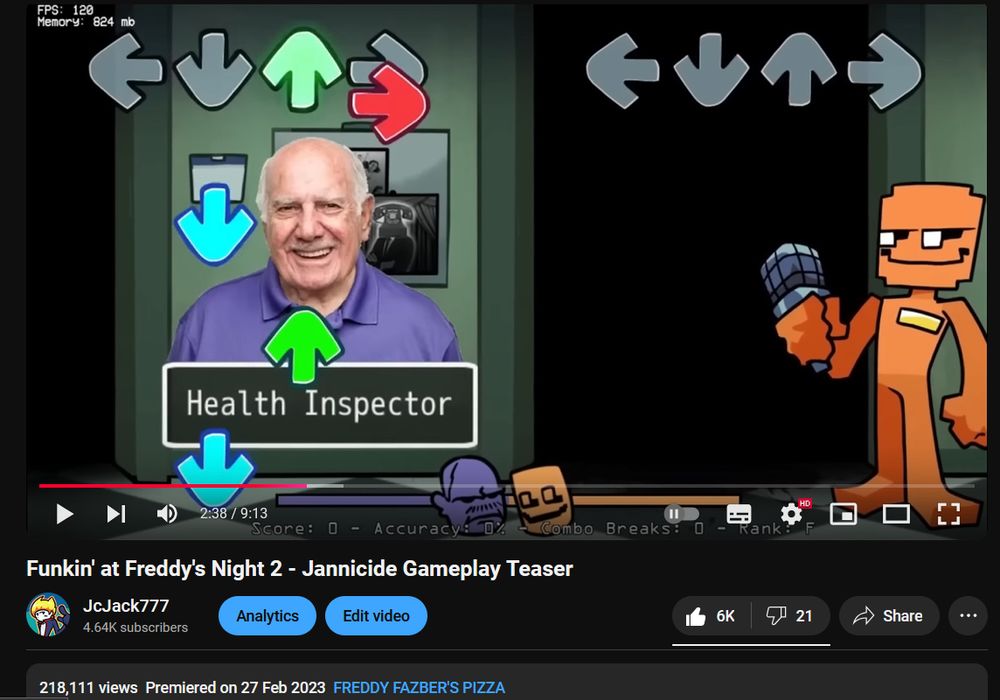 JcJack777's upload of a teaser showcasing the song Jannicide for Funkin' at Freddy's anniversary based off of Dayshift at Freddy's