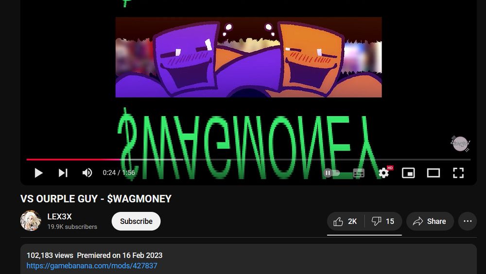 Kiwiquest/Lex's upload of their song $WAGMONEY from the standalone Ourple Guy anniversary mod based off of Dayshift at Freddy's