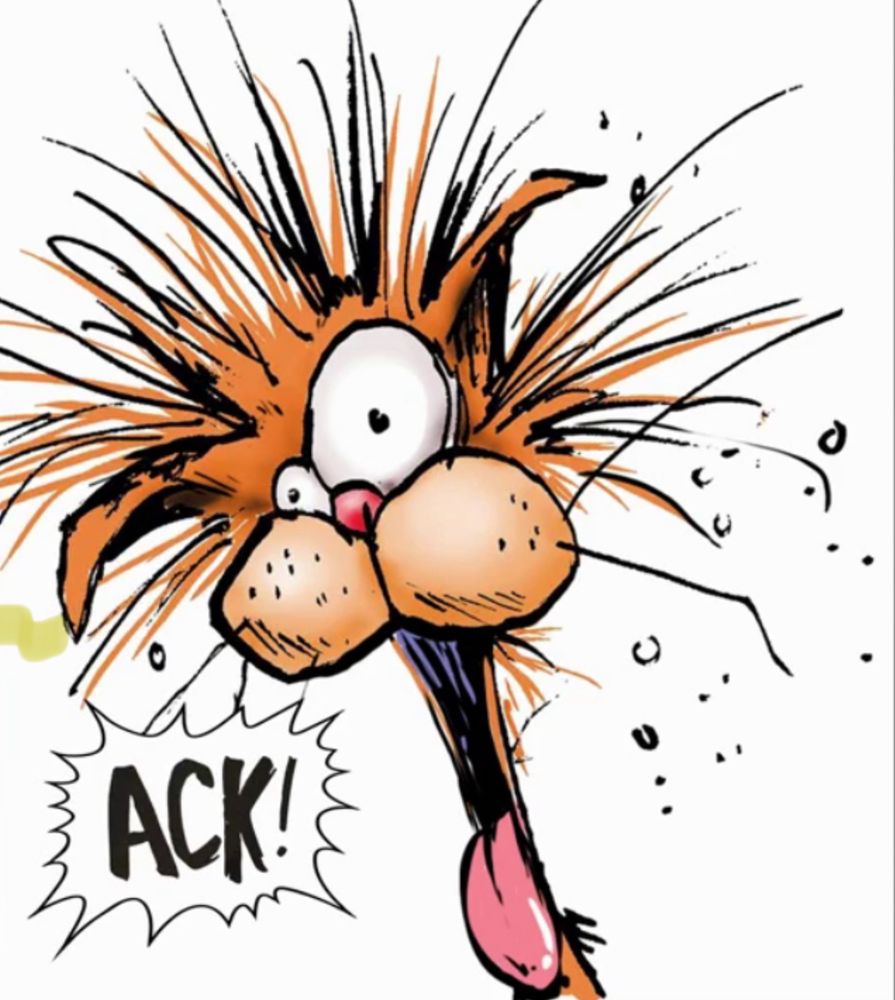 Bill the Cat (a cartoon cat from the strip Bloom County by Berke Breathed) saying ACK!