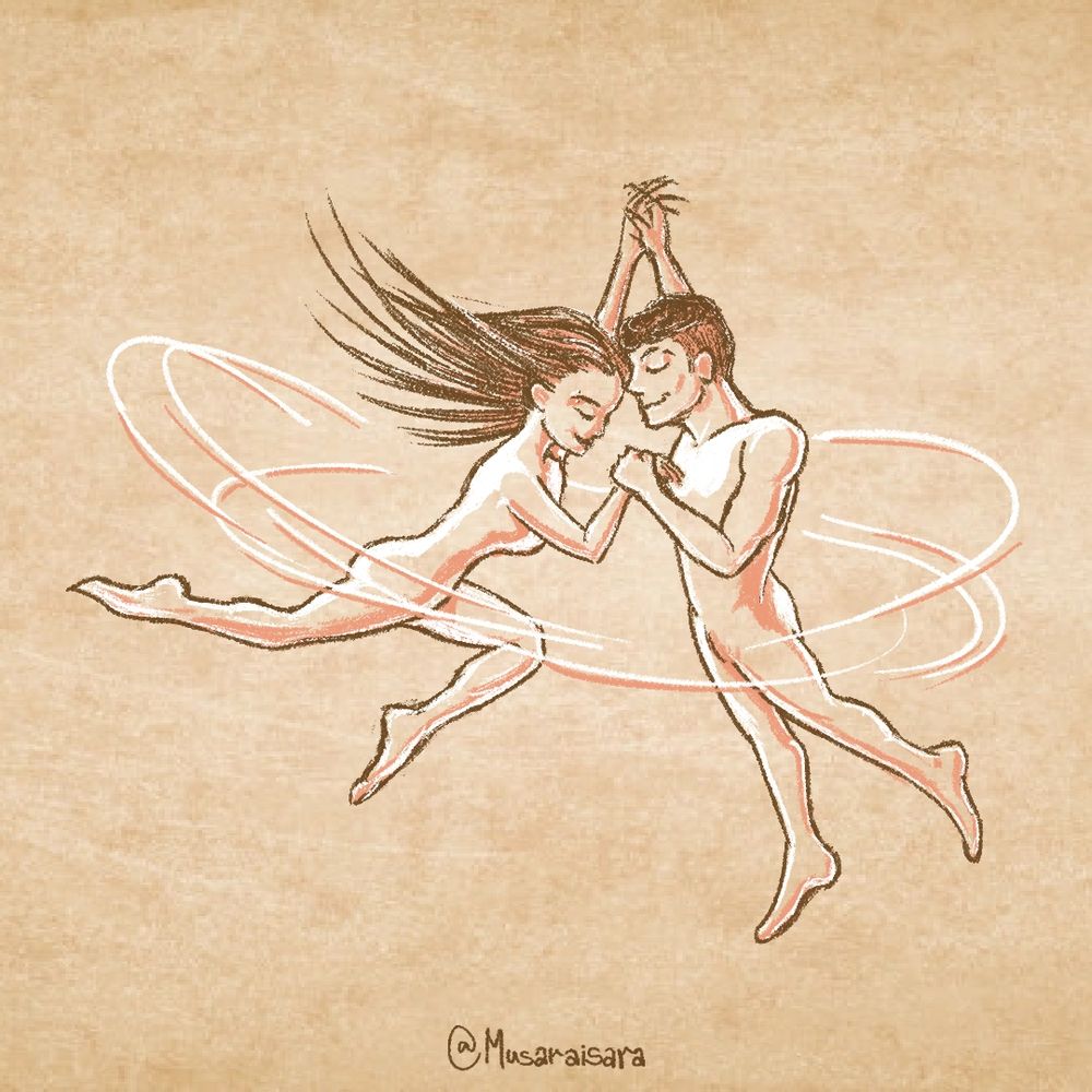 Desenho de um casal jovem de um homem e uma mulher dançando flutuando no ar.
Assinado: @Musaraisara.