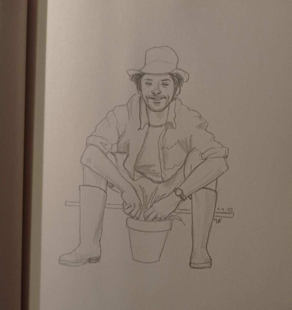 A graphite pencil sketch of Colin Morgan sitting down and gardening.