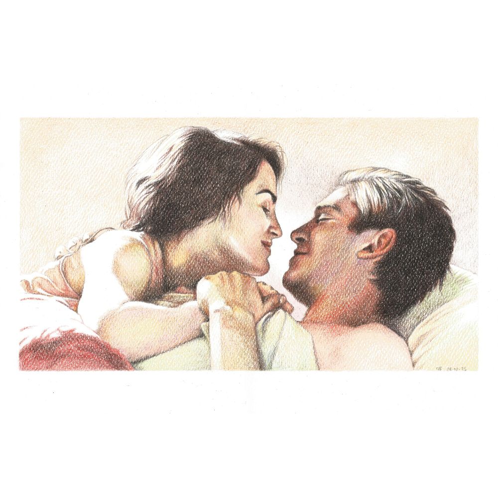 A colour pencils drawing of Mary Crawley and Matthew Crawley from the tv show Downton Abbey, as portrayed by Michelle Dockery and Dan Stevens
