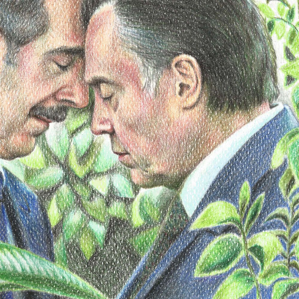 Closeup of a drawing of Irving B and Burt G from the tv show Severance