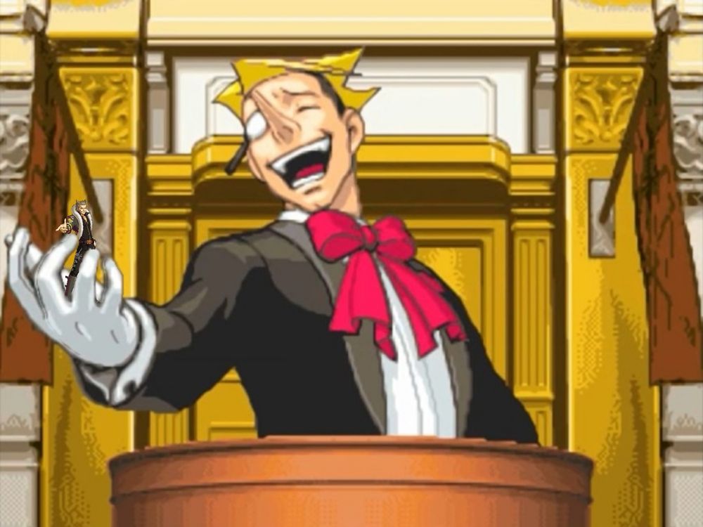 two ace attorney characters: luke atmey holding a tiny shi-long lang 