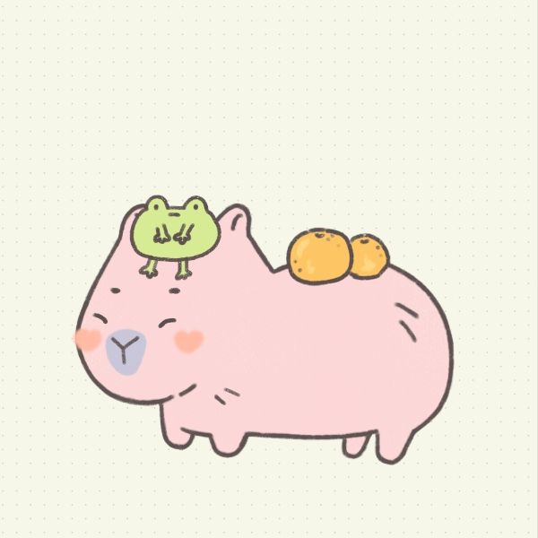 A picrew of a light pink capybara with a pale purple nose, heart-shaped pink cheeks, and happy closed eyes. On her head sits a plump pale green frog, and on her back she carries two small oranges.
