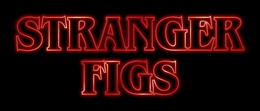 The words "STRANGER FIGS" in the same color, font, etc. as the Stranger Things logo.