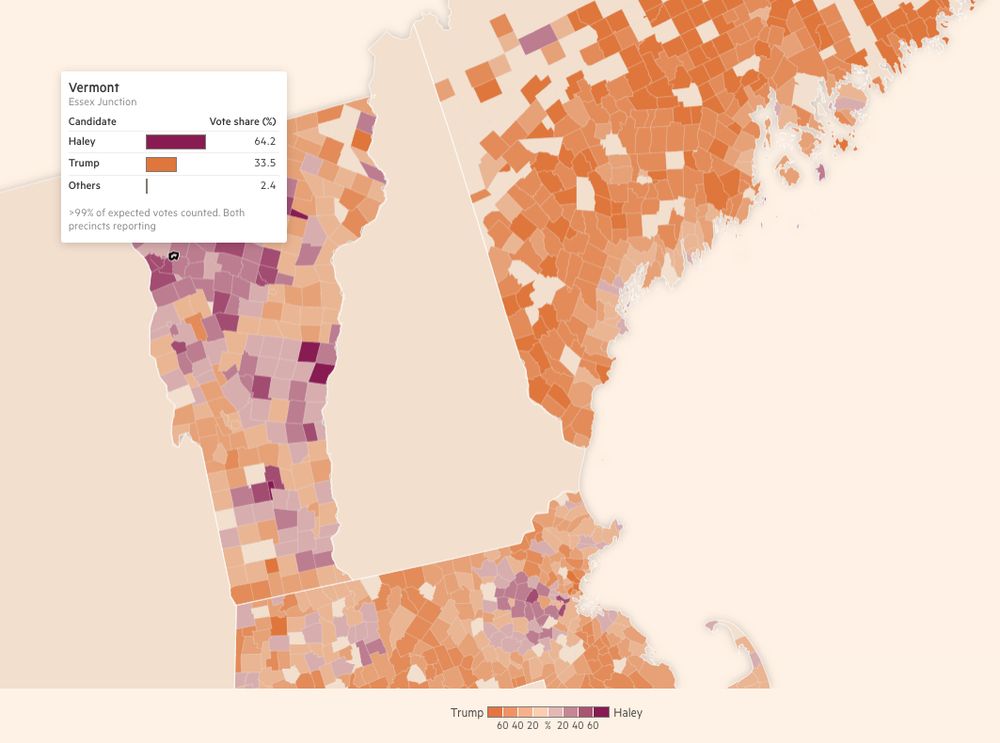 Closeup of a choropleth map of northern New England, showing the margin of the winning candidate in the Republican Super Tuesday primaries in Maine, Vermont and Massachusetts at the municipality level.