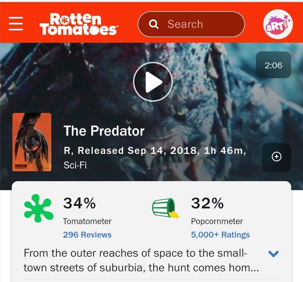 The Predator (2018) sur rotten tomatoes

34% tomatometer
32% popcornmeter