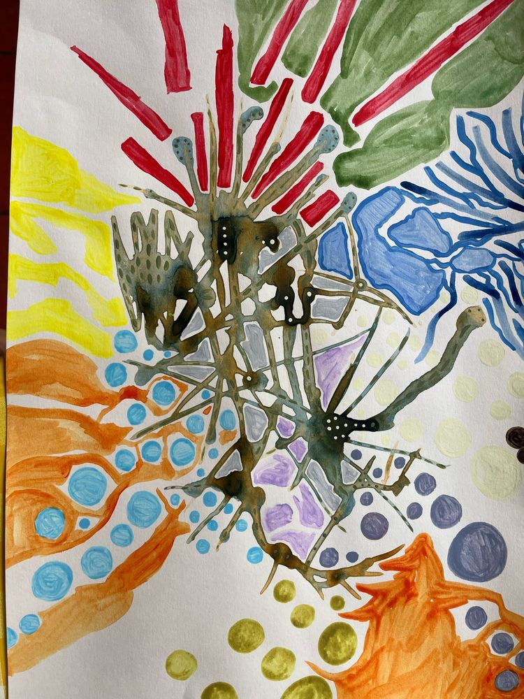 Multi colour acrylic paint on paper varied forms to edge of page 