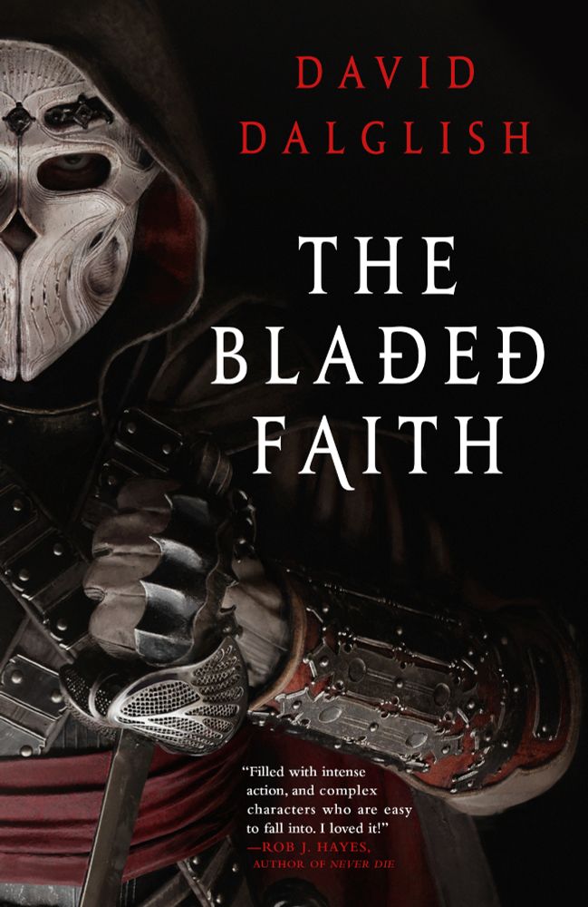 Book cover to THE BLADED FAITH by David Dalglish: a skull-masked assassin in a cloak wielding a sword