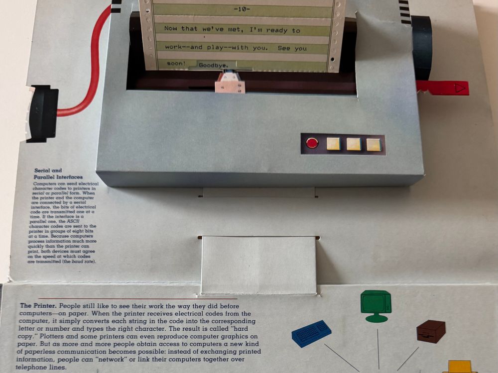 Picture of the page with the printer. It’s a dot matrix printer with a page sticking out. It reads: “Now that we’ve met, I’m ready to work — and play — with you. See you soon!” 
The tab moves the printer head and the word “Goodbye.” appears.