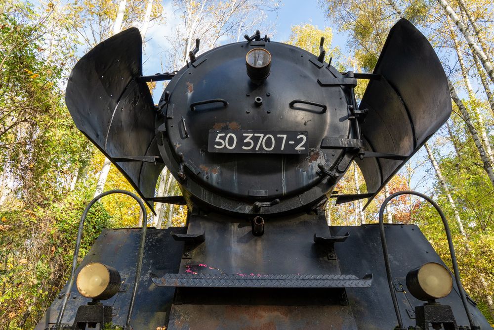 Nahaufnahme der schwarzen Front einer Dampflokomotive, die von einer großen, runden Rauchkammertür mit der weißen Nummer "50 3707-2" dominiert wird. Große, schwarze Windleitbleche ragen seitlich auf. Im Hintergrund sind helle Baumstämme und herbstliches Laub unter blauem Himmel zu sehen.