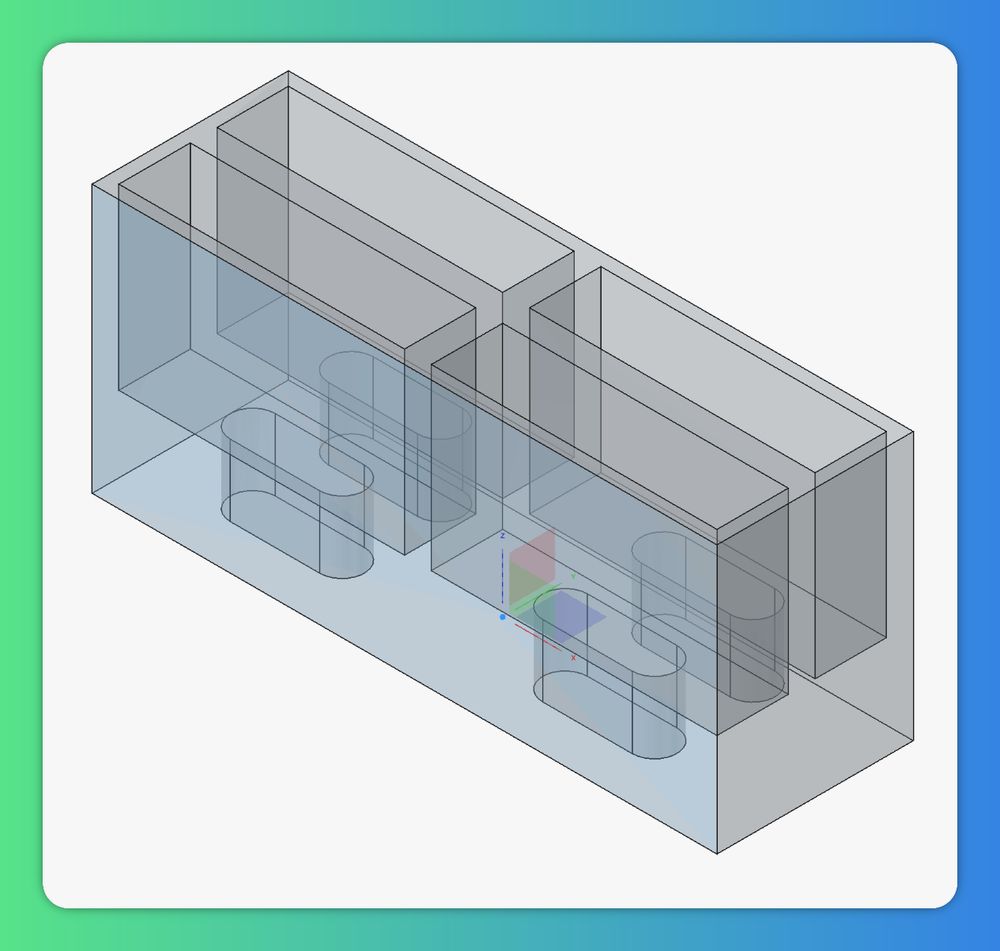 A transparent 3D rendering of a grey brick with 4 rectangular holes going down from the top. At the bottom of the hole is an addional hole in the shape of an USB-C connector.