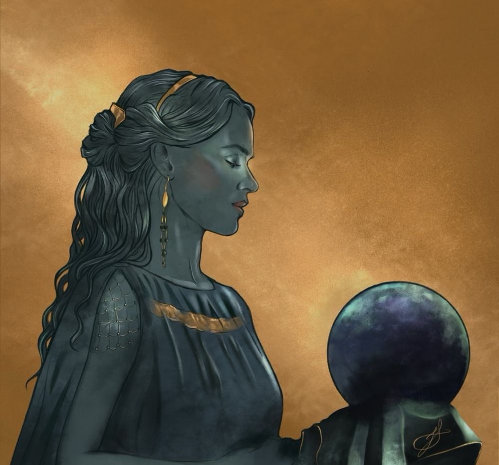 Digital art of eärien holding the palantir
