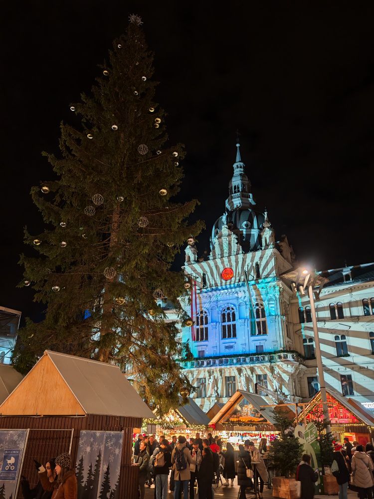 Graz's Rathaus lit up by Christmas lights with a tall Christmas tree in front.
