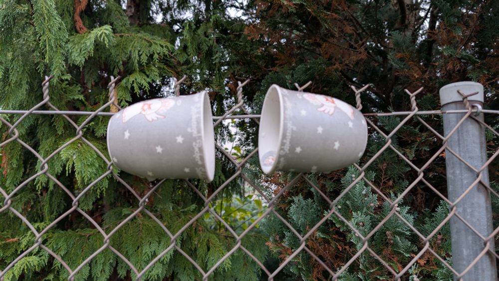 Zwei Tassen hängen sich gegenüber am Henkel an einem Maschendrahtzaun.