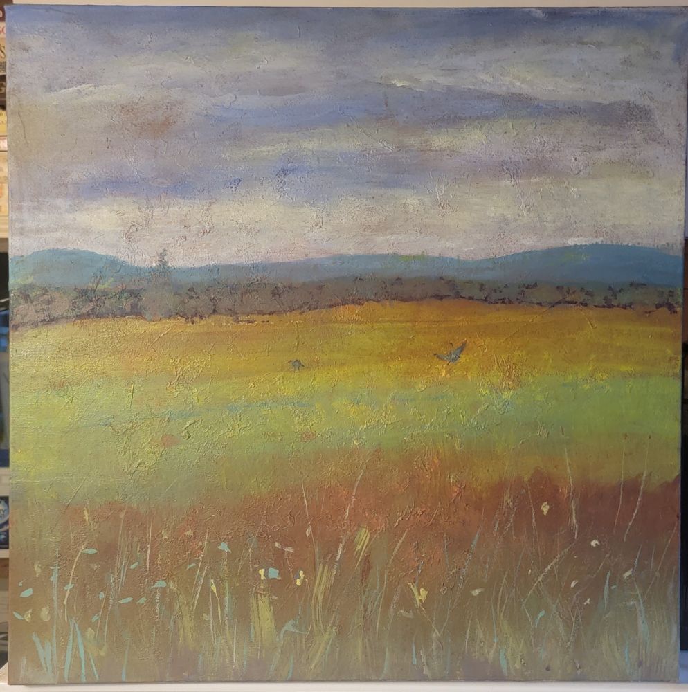 The same Acrylic on Canvas that I posted yesterday, but with a bit more detail today. Landscape painting. Blue sky with clouds, hills in the distance, a field in the foreground with two herons.