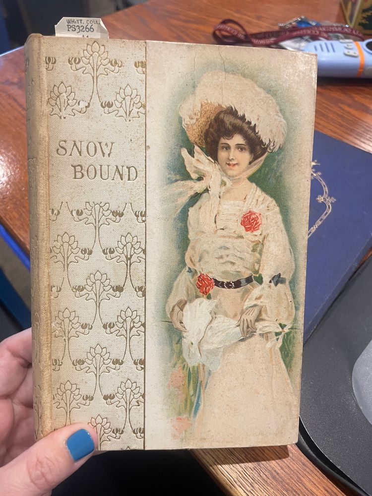 Book cover, in white cloth with gilt stamping with a colored paper illustration of a contemporary lady entirely unrelated to the poem.