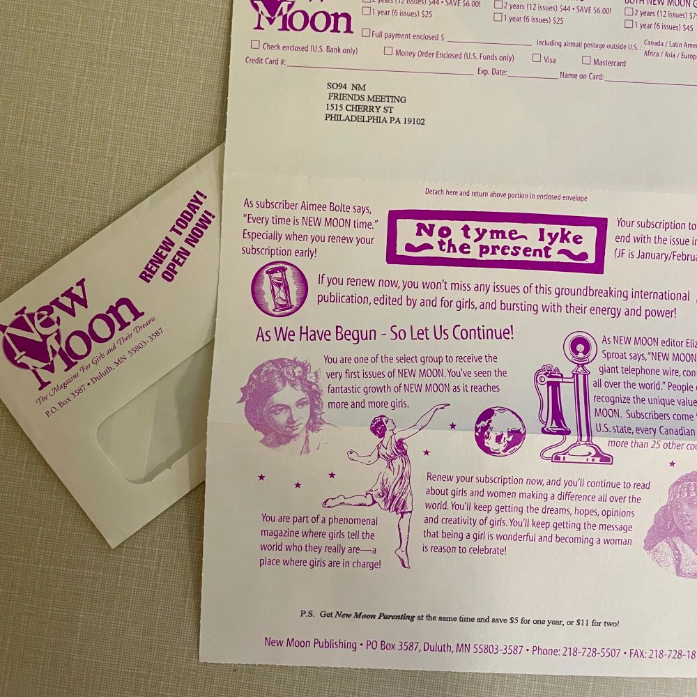 Magazine subscription mailer for “New Moon” from 1992, an (apparently still extant!) “magazine for girls and their dreams” full of lite druid clip art