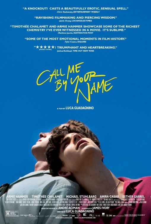 Poster for Call Me By Your Name. Low angle shot from chest up of stars Timothée Chalamet and Armie Hammer leaning on each other against a bright blue sky 