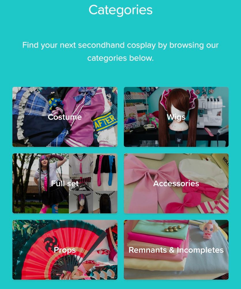 Categories on Lumikha cosplay resale: costume, wigs, full set, accessories, props, remnants & incompletes