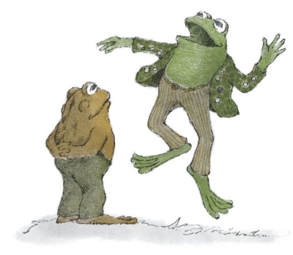 Frog jumps up and down in Toad's jaunty green jacket, which is covered in buttons.

From "A Lost Button"
In *Frog and Toad Are Friends*