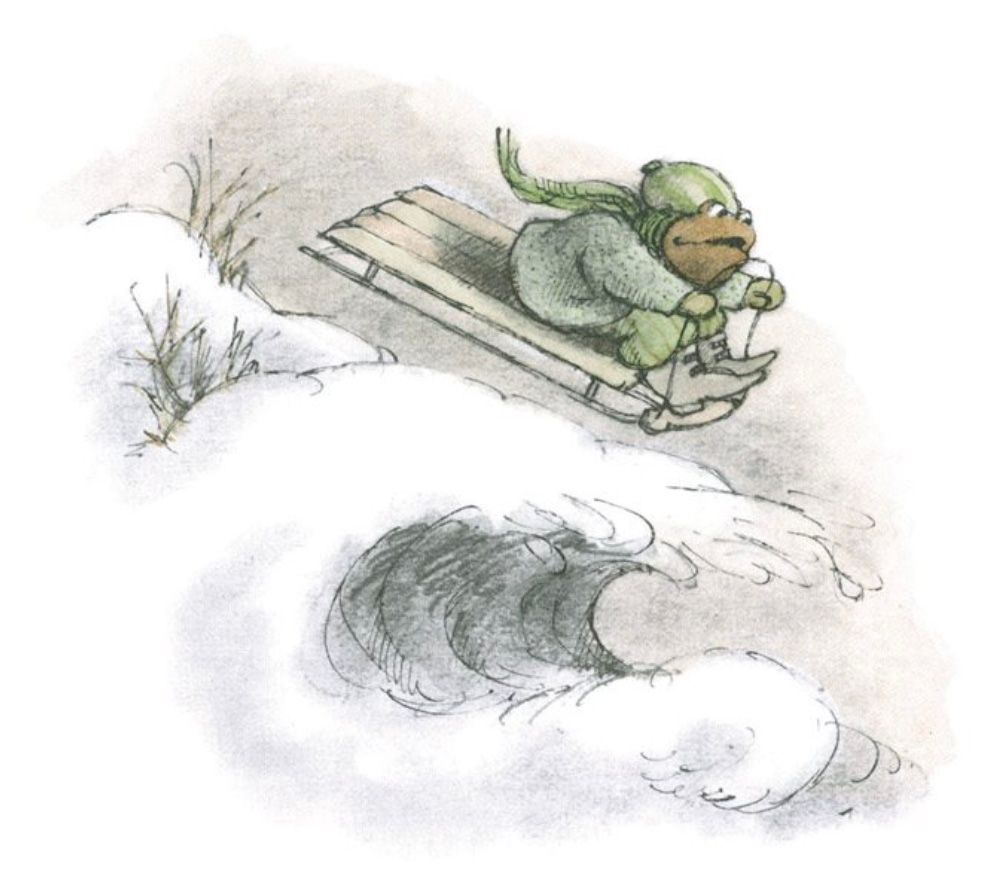 Toad speeds down the hill on the sled, thinking Frog is still on the sled with him. Frog is not.

From "Down the Hill"
In *Frog and Toad All Year*