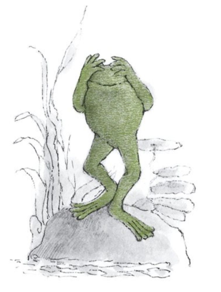 Frog hides his eyes as Toad comes out from behind the rocks in his bathing suit. From 