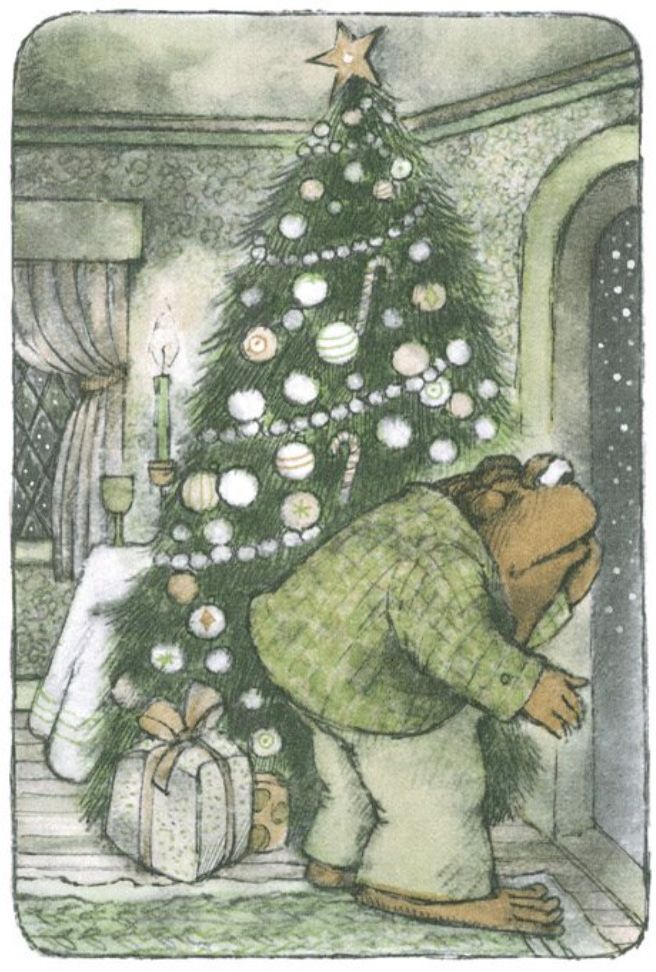 A worried Toad looks out into the night, searching for Frog. His Christmas tree is lit up behind him.

From "Christmas Eve"
In *Frog and Toad All Year*