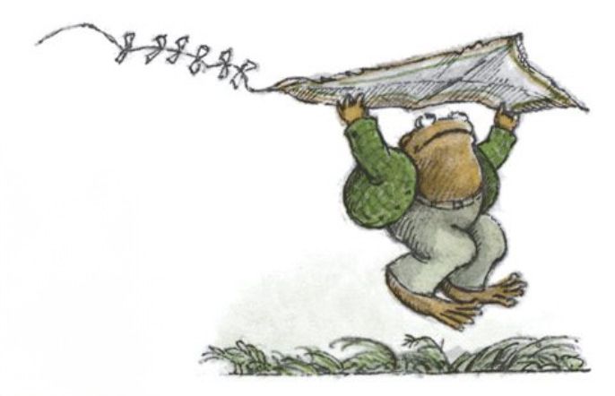 Toad jumps up with the kite over his head, hoping it will take off. From 