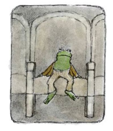 Frog sits in the auditorium chair, looking ever smaller. From 