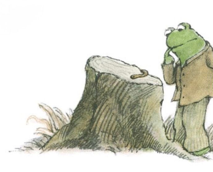 Little Frog spies an old worm asleep on a tree stump.

From "The Corner"
In *Frog and Toad All Year*