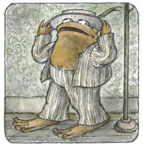 Still wearing his pajamas, Toad tries on his hat, which suddenly fits.

From "The Hat"
In *Days with Frog and Toad*