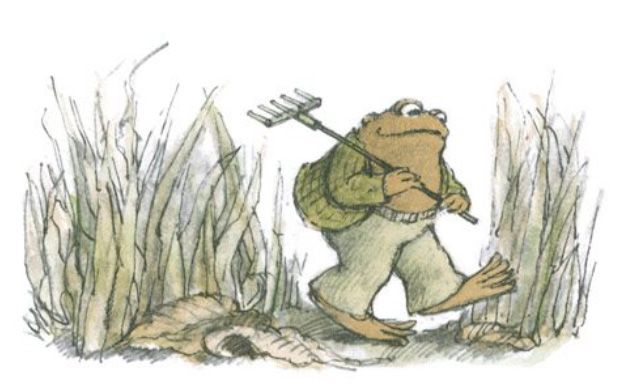 Toad marches through the tall grass, rake in hand, looking ready for yard work—but perhaps not entirely enthusiastic about it.

From "The Surprise"
In *Frog and Toad All Year*