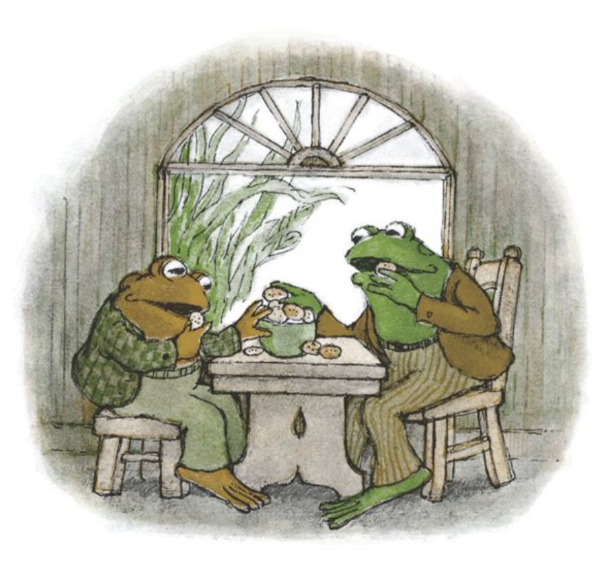 Frog and Toad stuff their faces with cookies, one after another.

From "Cookies"
In *Frog and Toad Together*