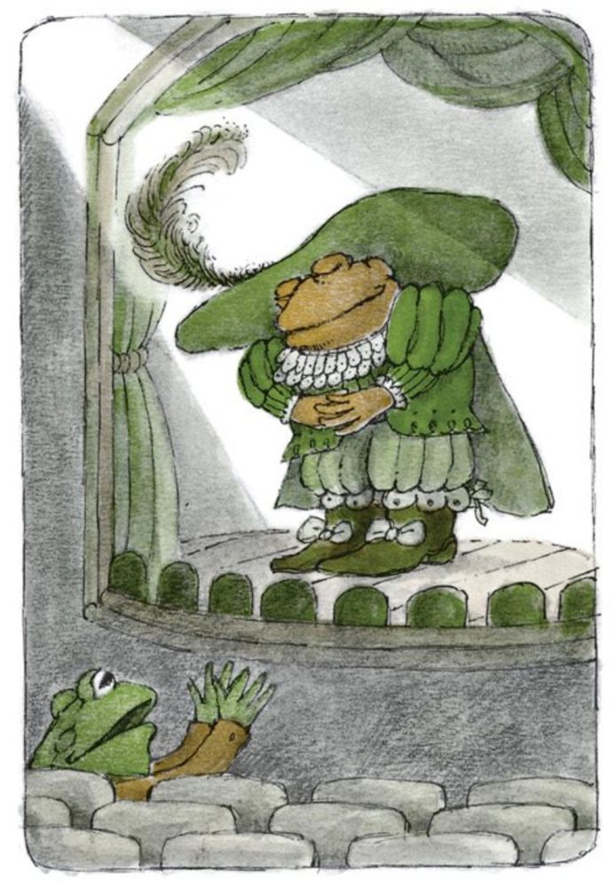 Toad stands on the stage in a Shakespearean costume, looking out into the dark theater where Frog sits. From 