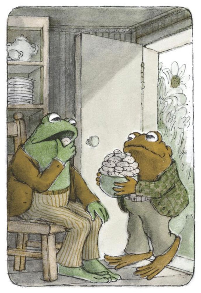 Frog samples one of Toad's cookies, which are the best cookies he has ever eaten.

From "Cookies"
In *Frog and Toad Together*