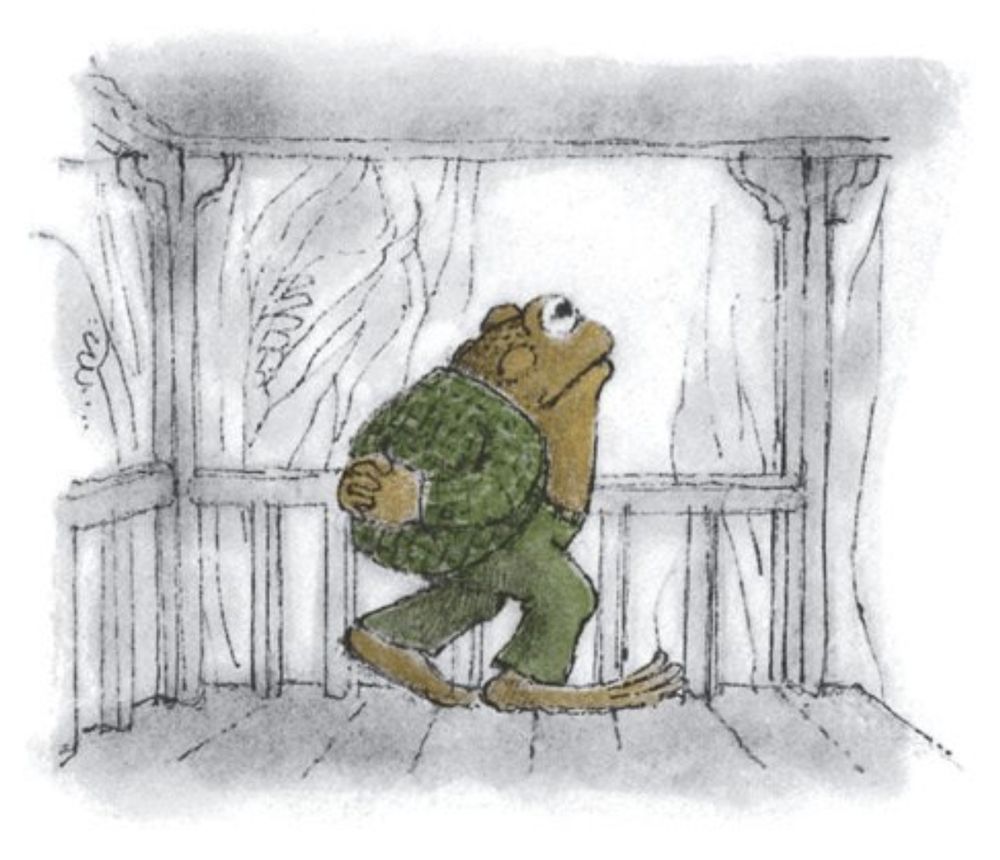 Toad paces back and forth on the porch, trying to think of a story.

From "The Story"
In *Frog and Toad Are Friends*