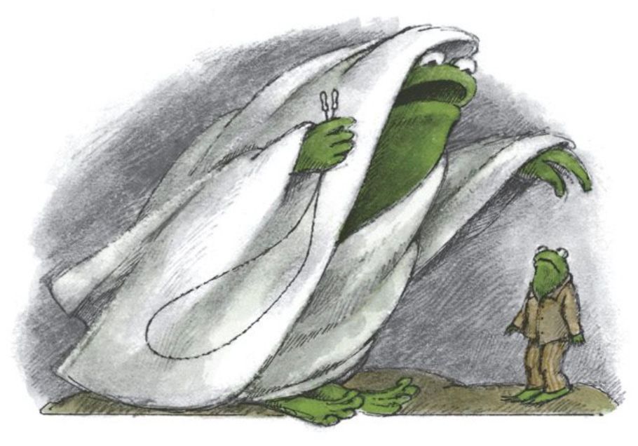 The Old Dark Frog, wrapped in white shroud, threatens tiny Frog, who looks terrified. From 