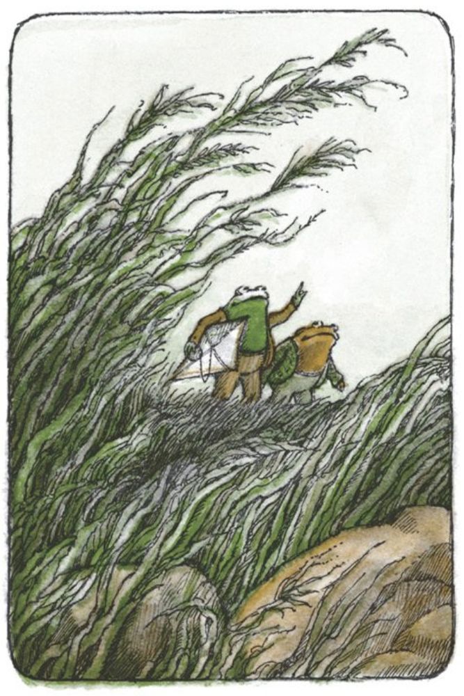 Frog and Toad tramp through a windy meadow, kite in hand. From 