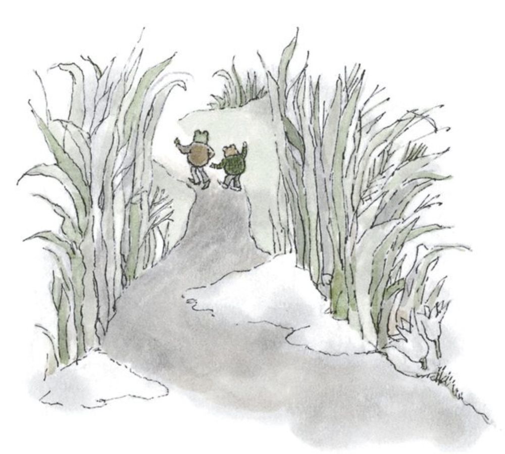 Frog and Toad walk down a path together.

From "Spring"
In *Frog and Toad Are Friends*