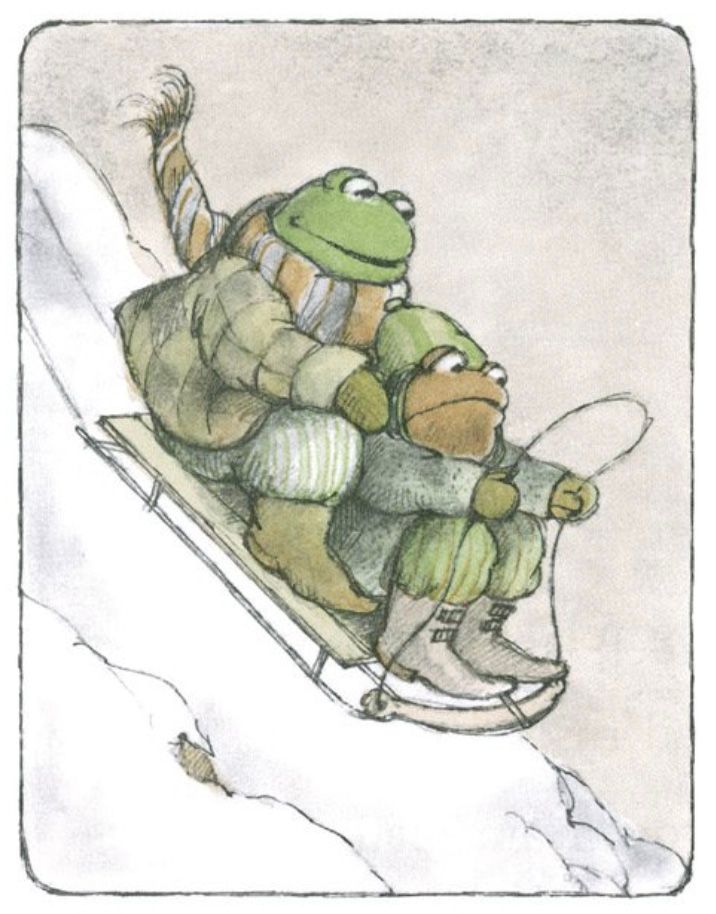 Frog and Toad ride a sled down a snowy hill. Toad is in front, looking terrified.

From "Down the Hill"
In *Frog and Toad All Year*