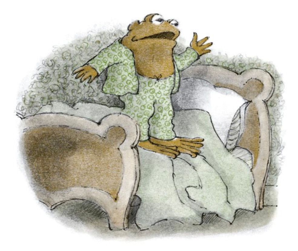 Toad stands on his bed, thrilled upon waking to see Frog.

From "The Dream"
In *Frog and Toad Together*
