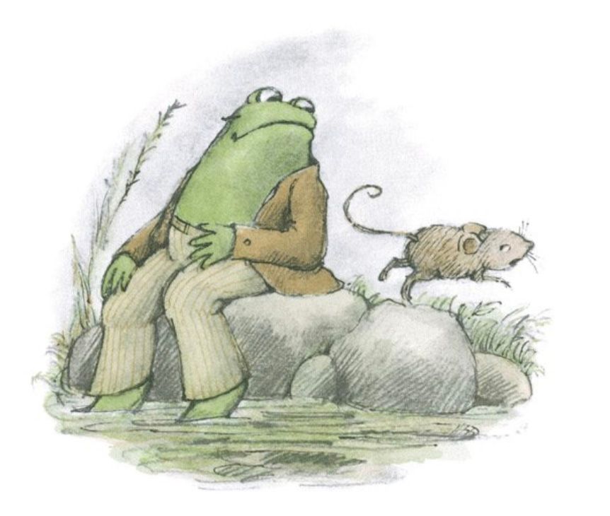 Frog lounges on a rock, gazing into the distance, while a tiny mouse runs past, as if being chased by a monster.

From "Ice Cream"
In *Frog and Toad All Year*