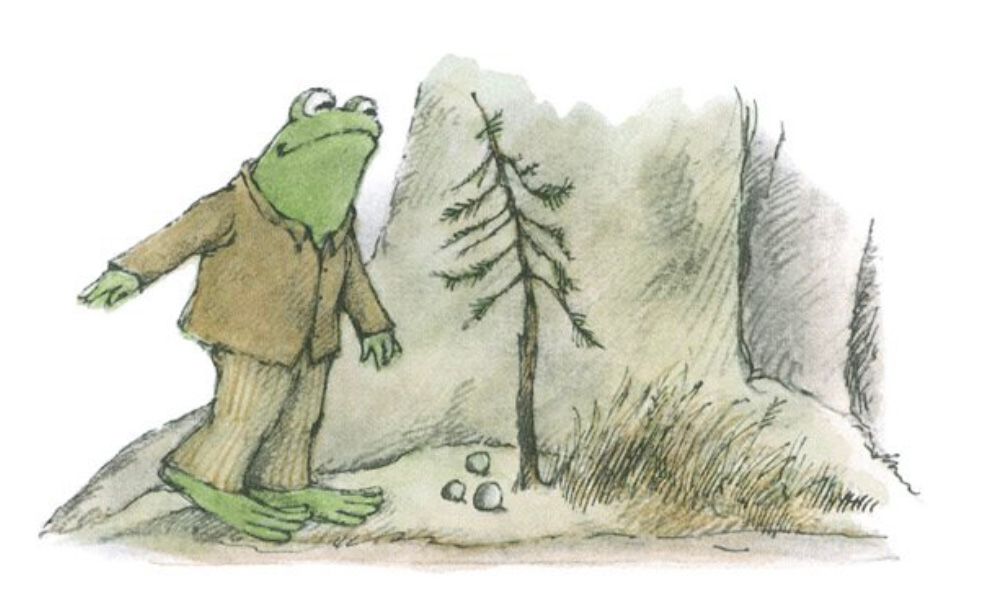 Little Frog looks at a scraggly pine tree, as if it were somehow hiding spring.

From "The Corner"
In *Frog and Toad All Year*